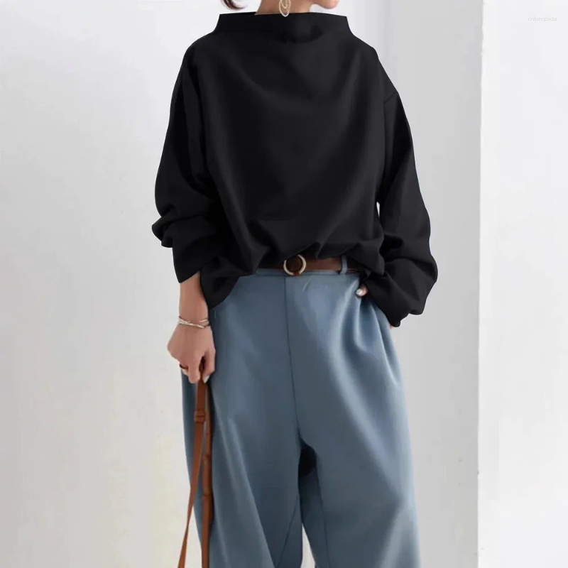 Womens Blouses 2024 Autumn Fashion Korean Tops Casual High-Neck Long Sleeves Simple Black Blouse Shirts For Women Female