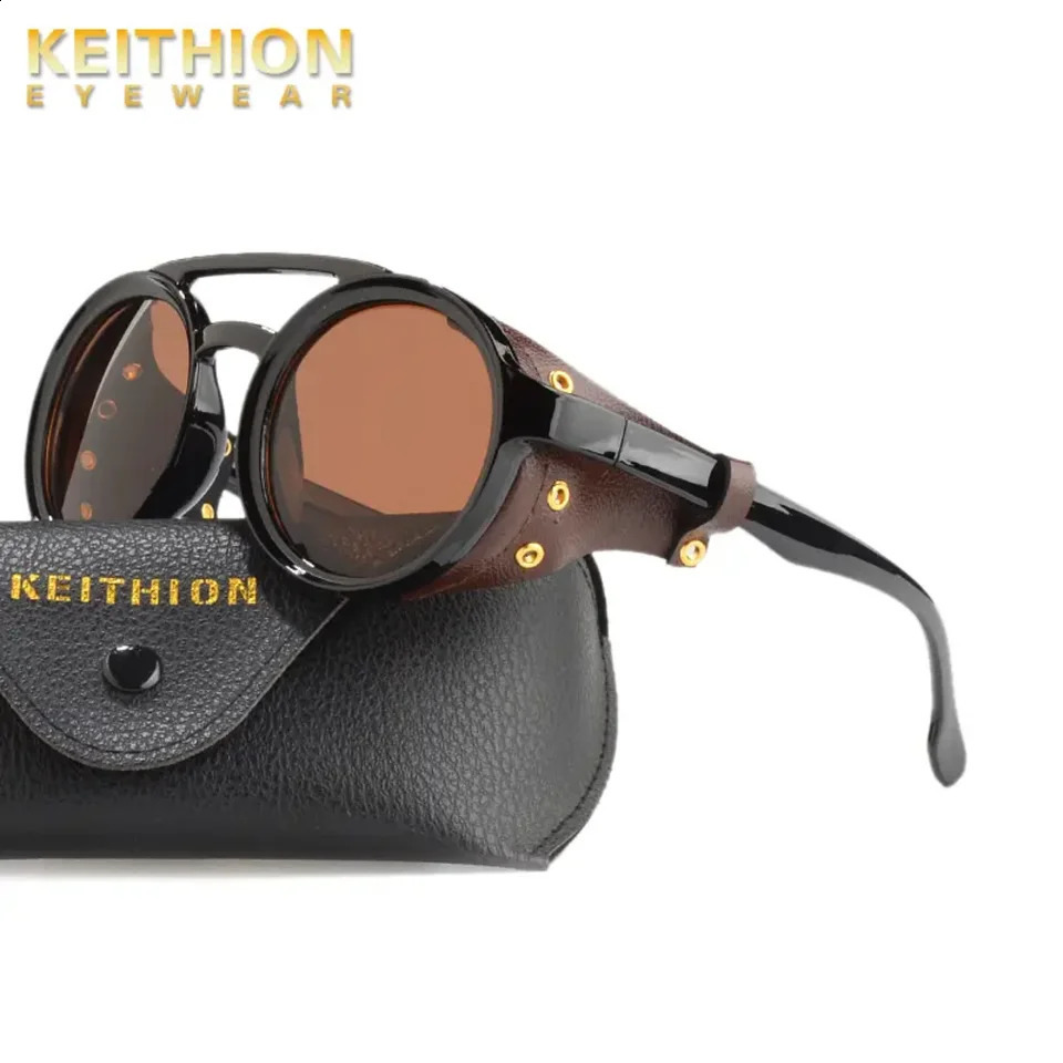 KEITHION Steampunk Style Round Vintage Sunglasses with Leather Side Retro Eyewear UV400 Protection for Men Women 241230