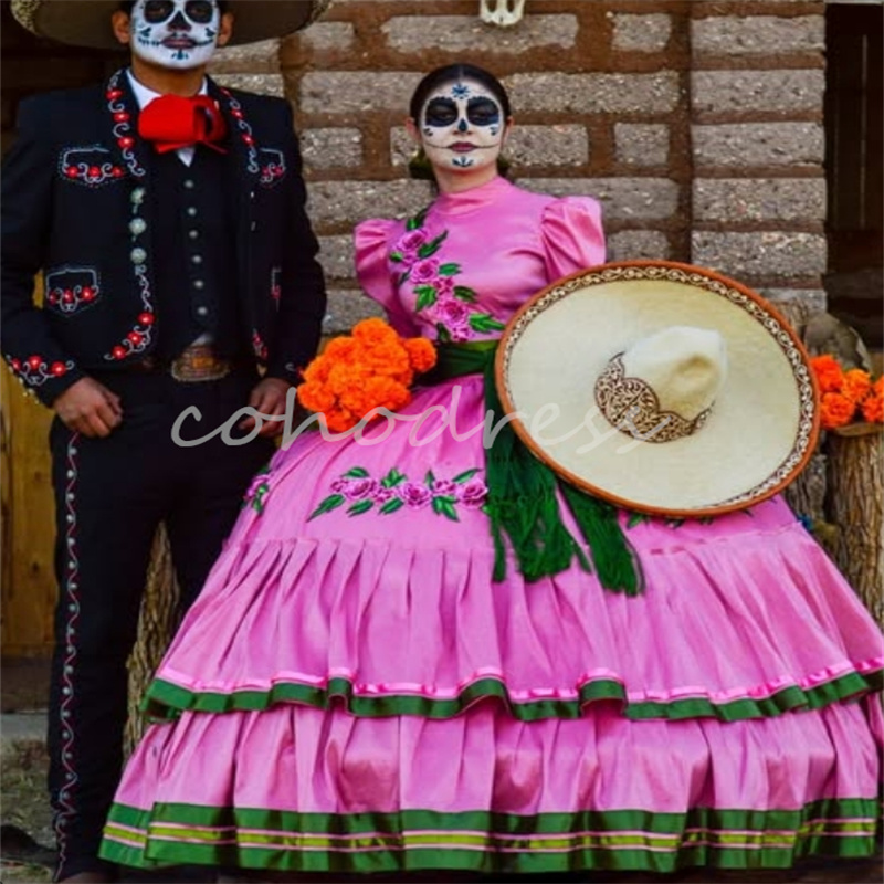 Mexican Vestidos De 15 Quinceanera Dress Hot Pink Charro Embroidery Jalisco Halloween Prom Birthday Mariachi Xv Debutant Para Halloween Gothic Sweet 1