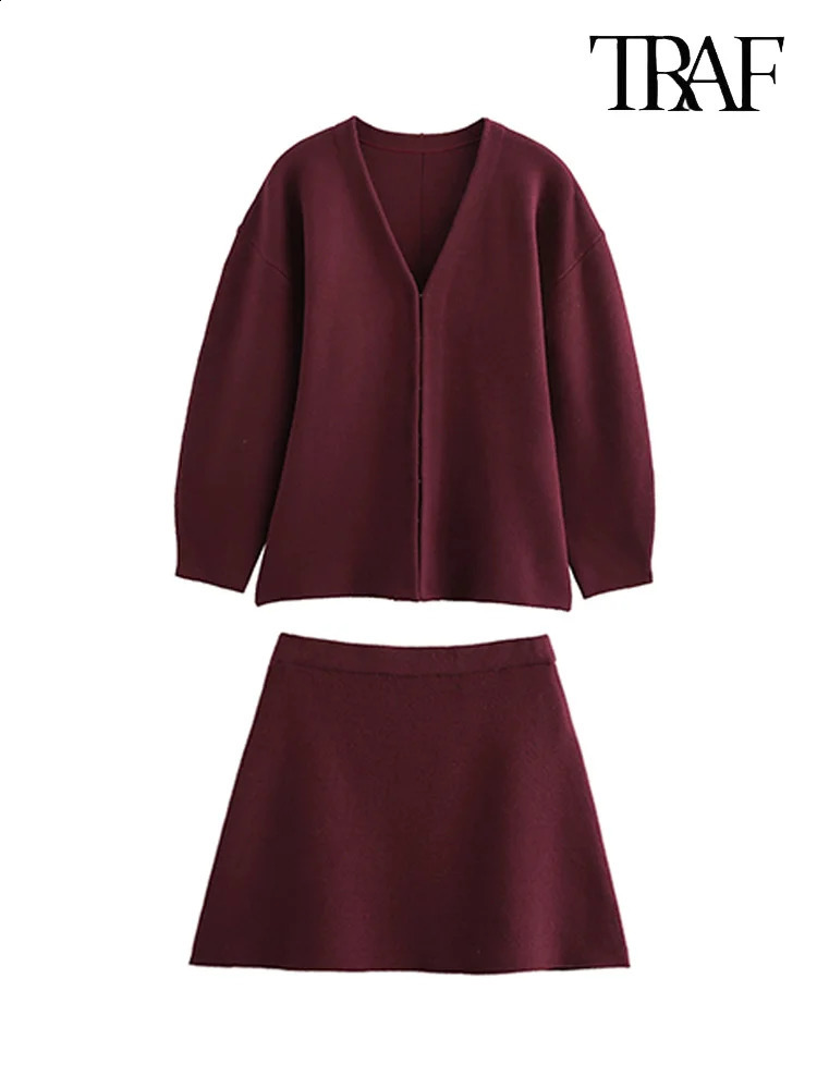 TRAF Womens Simple Knit Mini Skirt Set Y2K Slim Jacket Flat High Waisted Stretchy Casual 241220