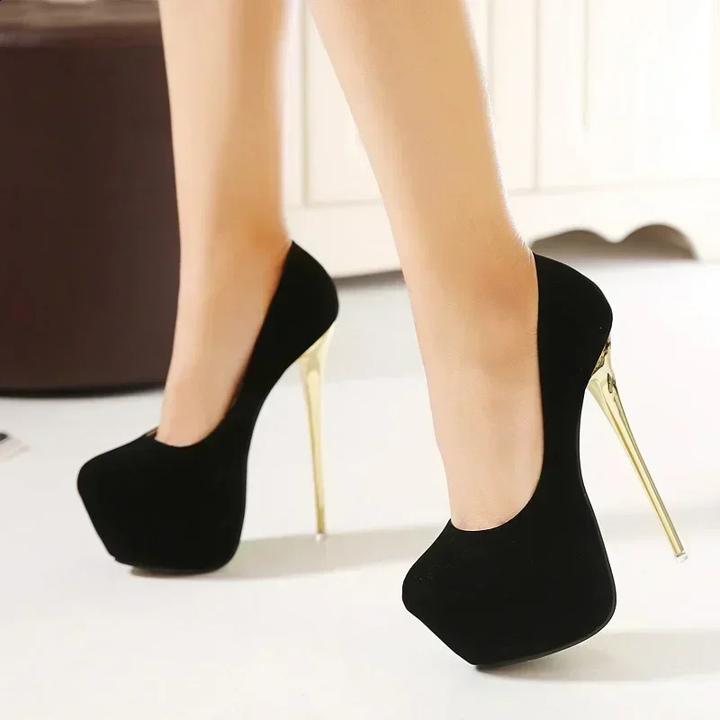 Sexy Club Suede Womens Black High Heels 16cm Stiletto Shoe Female Waterproof Stripper Flock Pumps Ladies Shoes Plus Size 45 241230