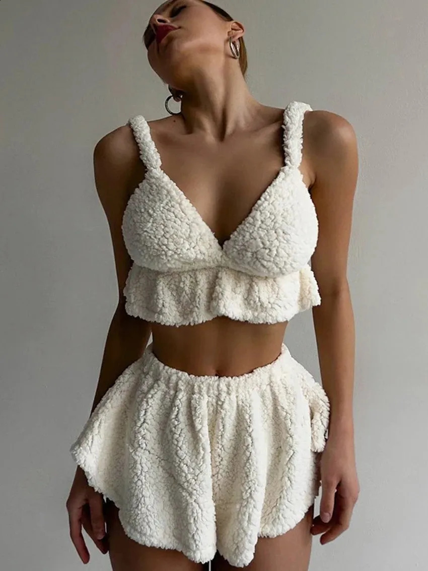 Y2K Autumn Winter Gothic Lamb Wool Halter Two Piece Set Harajuku Women Solid Color Pleated Skirt Suit Sexy Slim Female Vest Sets 241224