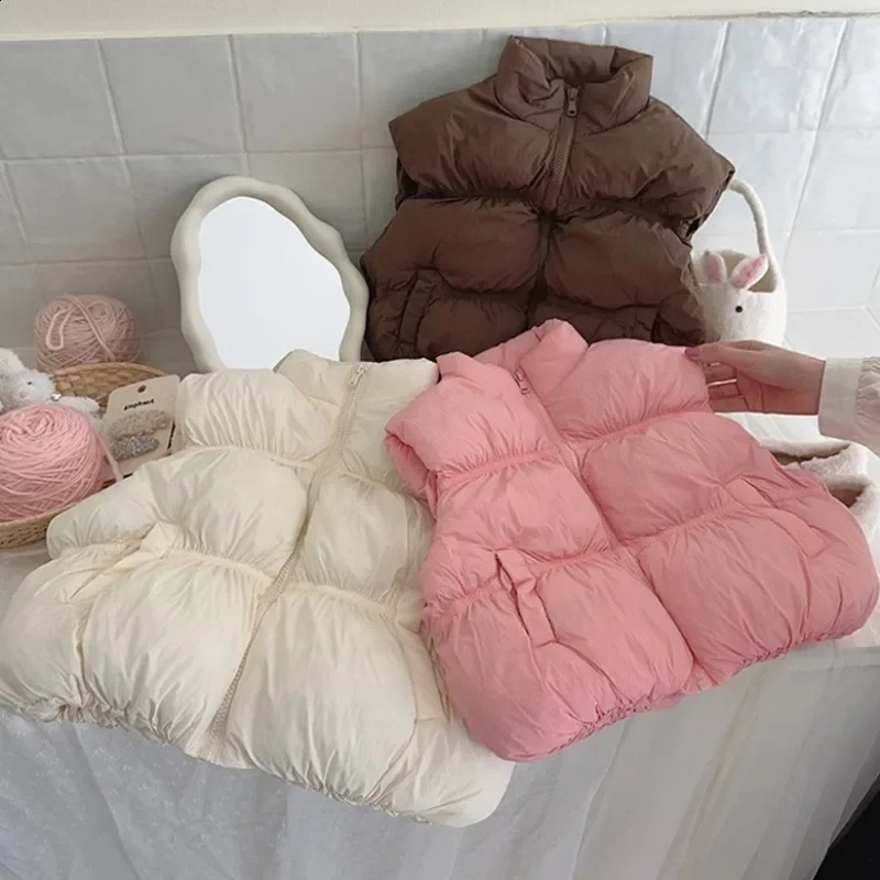 Children Winter Candy Cotton-padded Vest Baby Waistcoat Autumn Casual Cardigan Thicken Warm Outerwear Toddler Sleeveless Coats 241230