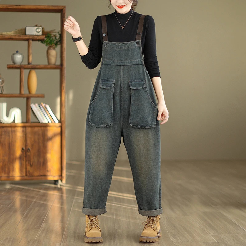 #1437 Autumn Winter Vintage Denim Jumpsuits Women Big Pockets Loose Wide Leg Jeans Jumpsuits Ladies Denim Overalls Sleeveless 241230