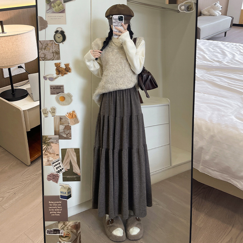 C2094 Spring and Autumn Loose Swing A-line Cake Skirt Lazy Soft Thin Midi Skirt