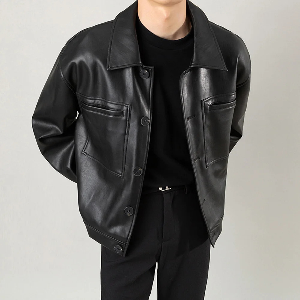 Mens Leather Jacket Motorcycle Pocket Jacket Autumn Casual Streetwear Retro Korean Version Jacket Mens Clothing Unisex 241228