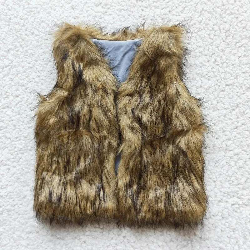Wholesale Brown Foux Fur Baby Girl Soft Coat Sleeveless Kid Lapel Children Winter Vest Clothes Infant Boutique Toddler Clothing 241230