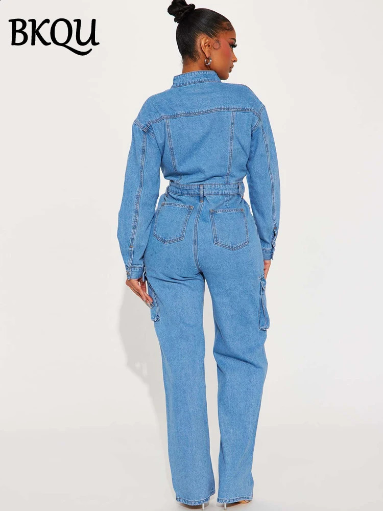 BKQU Denim Jumpsuit for Women Stretch Cargo Pocket Jean Overalls Long Sleeve Elegant Single Breasted Jumpsuit Y2k Streetwear 241230
