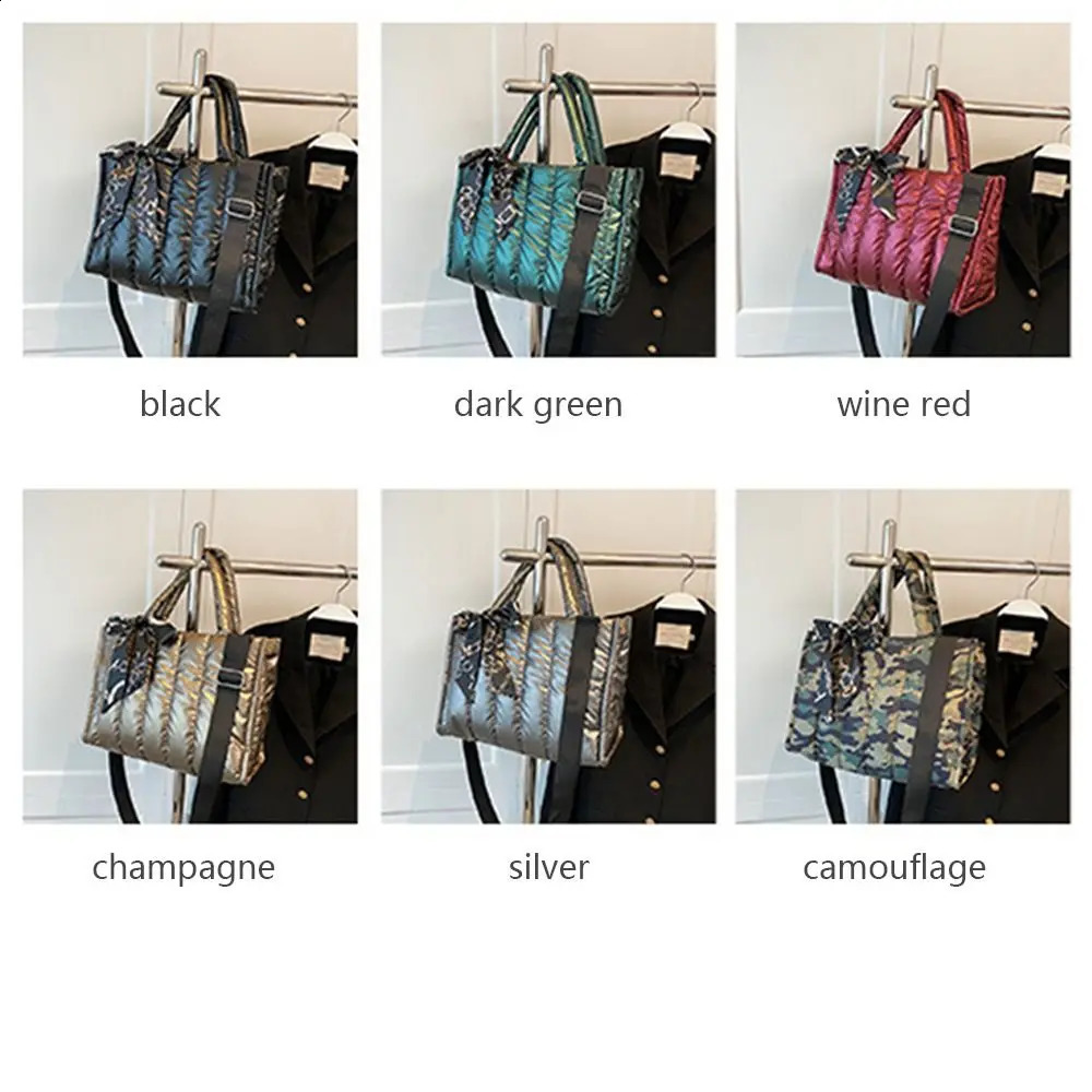 Elegant Ribbons Womens Bag Down Fabric Cotton Shoulder Crossbody Bags Winter Casual Quilted Padded Space Handbags 241227