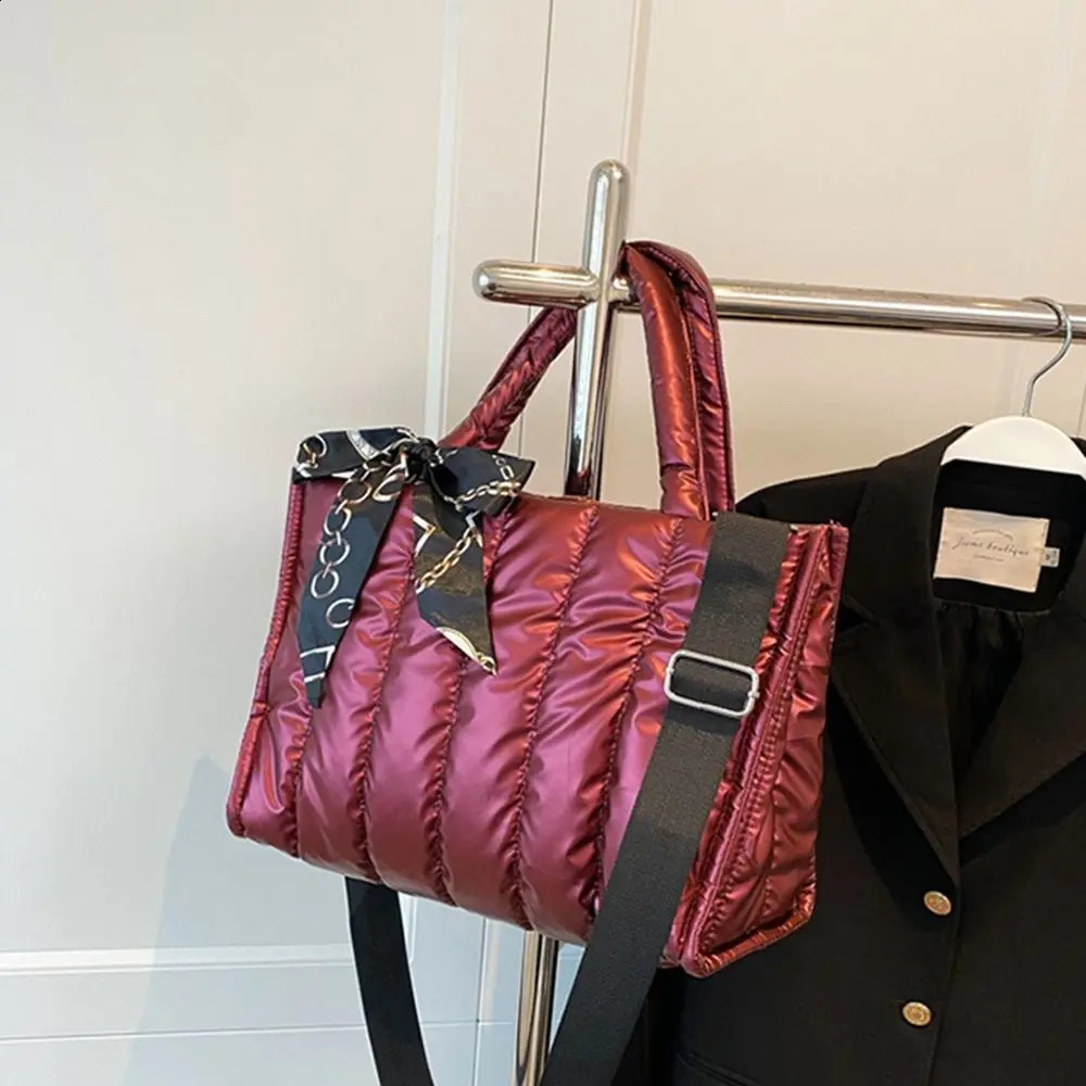 Elegant Ribbons Womens Bag Down Fabric Cotton Shoulder Crossbody Bags Winter Casual Quilted Padded Space Handbags 241227