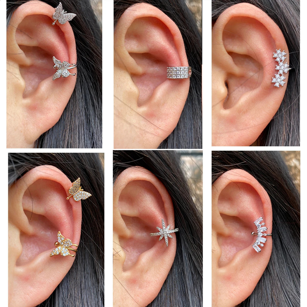 1pcs Cute Flower Butterfly Crystal Ear Cuff Clip Earrings Piercing Cartilage Wrap Stud On Jewelry Girls Gift 241225