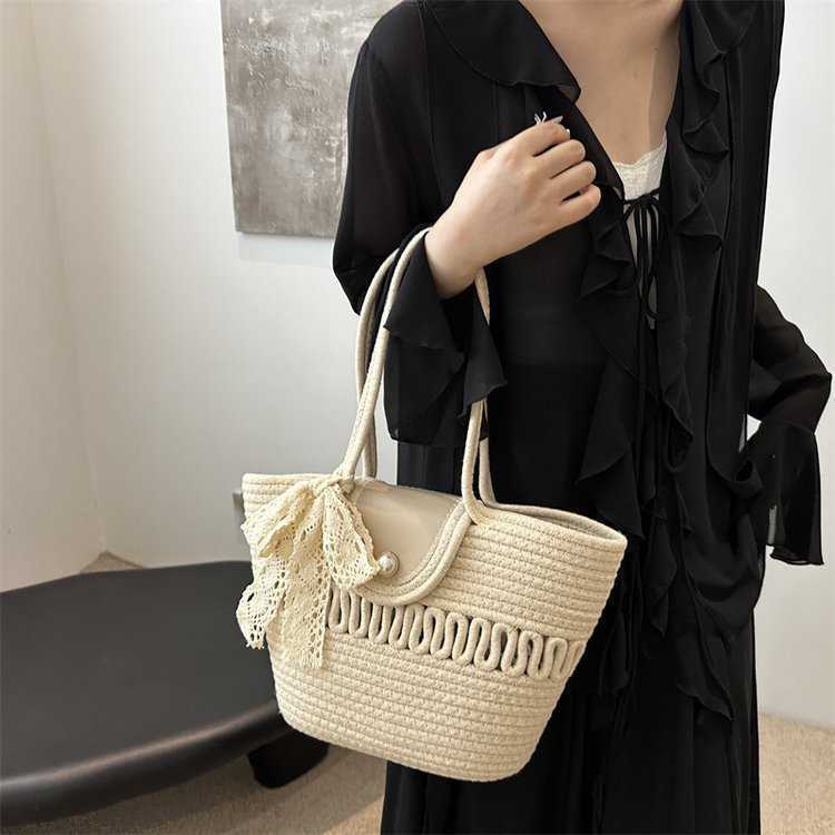 New Handheld Large Capacity Tote Bag Versatile Silk Scarf Straw Woven Bag Woven Bag Tote Bag Women's Beach Bag