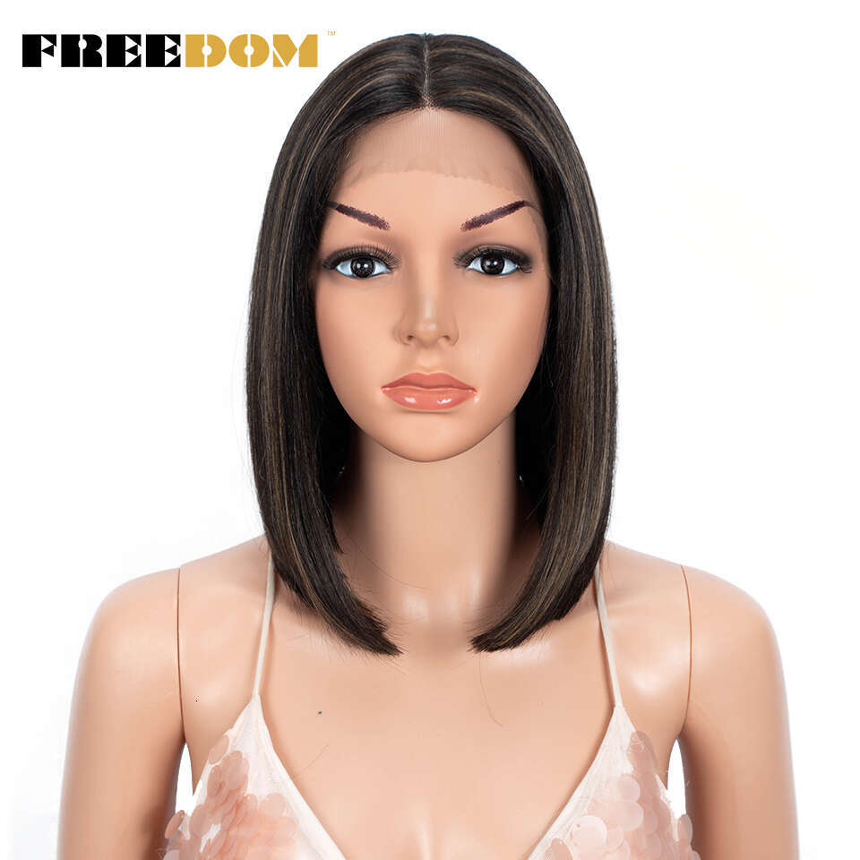 FREEDOM Short Bob Synthetic Straight Ombre Blue Pink Ginger Blonde Lace Wigs For Black Women Middle Part Cosplay Wig