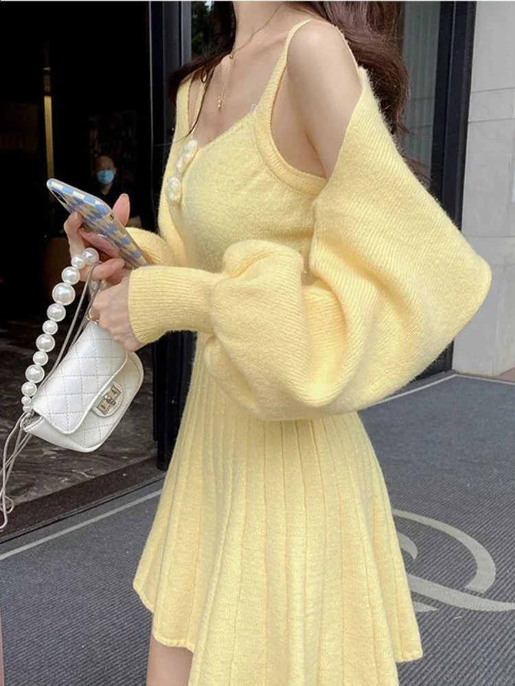 Sweet Knitted Autumn Winter Two Piece Dress Set Women Casual CoatStrap Female Korean Style Solid Slim Chic Suit 241220