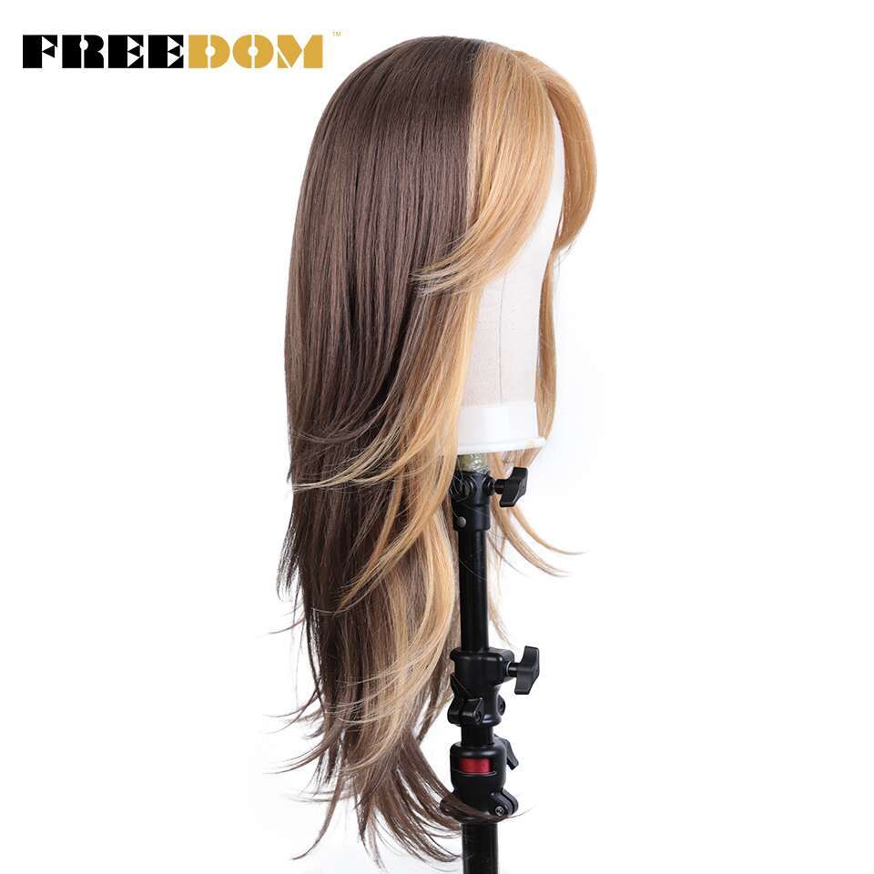 FREEDOM Synthetic Front For Women 26 Inch Long Straight Lace Wig With Bangs Ombre Orange Blonde Cosplay Wigs