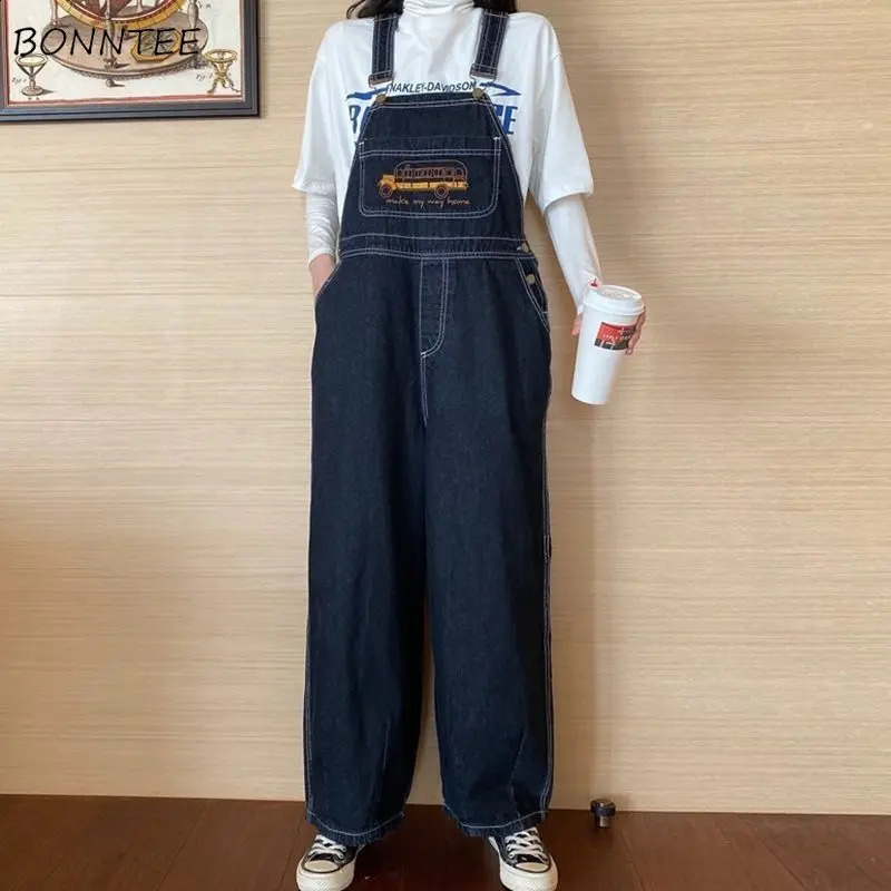 Jumpsuits Women Cartoon Embroidery Fashion Denim Suspender Harajuku Retro Wide Leg Baggy Cow BF Unisex Cute Chic Student 241230