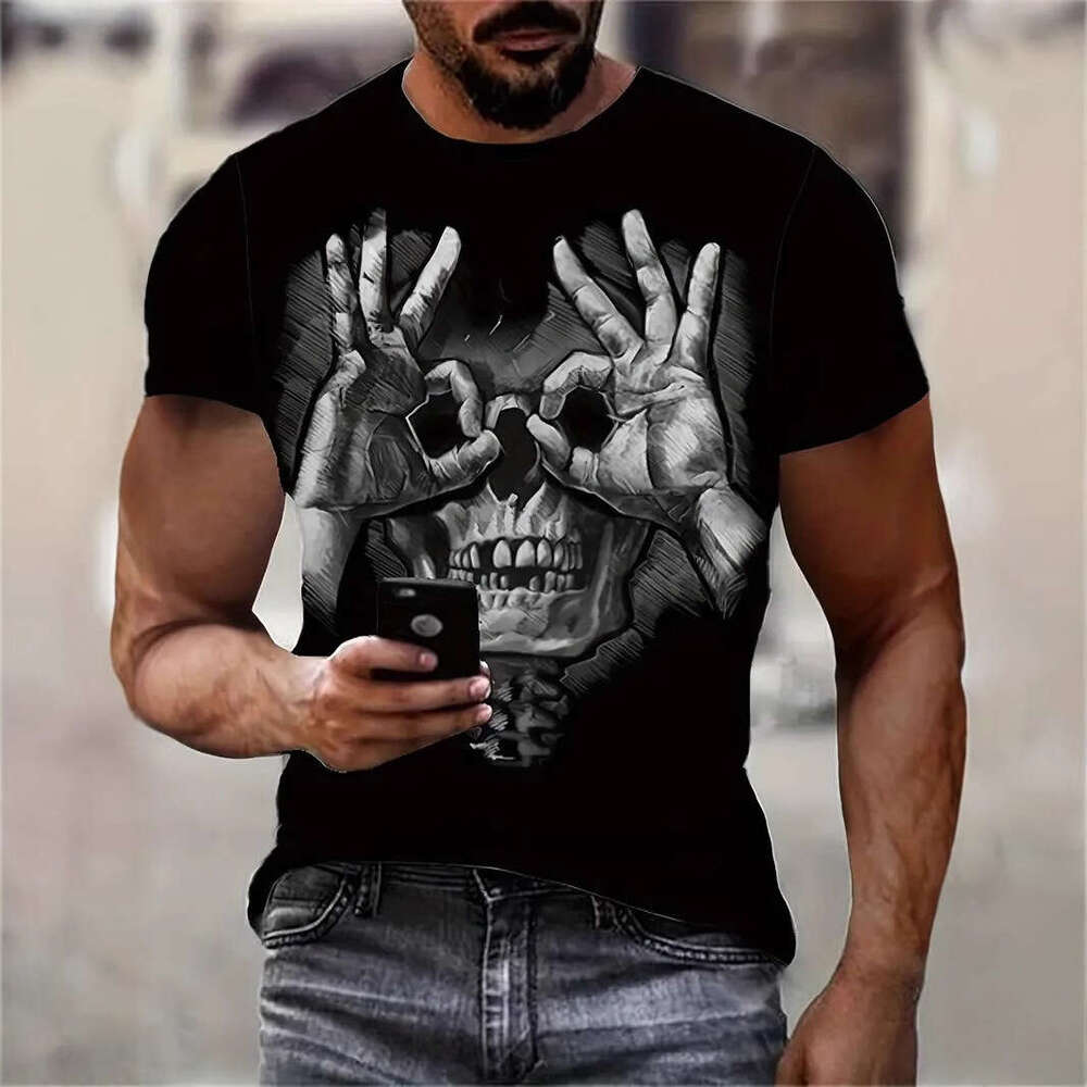 Men's High Street Loose Mesh Breathable Short Sleeve Hooded Round Neck T-shirt with Fun and Bizarre Gestures Skull 3D Printing