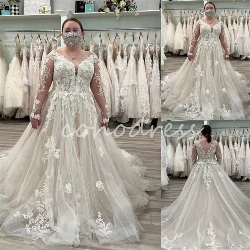 Plus Size Country Wedding Dresses V Neck Long Sleeve Church Bohemian Bridal Gowns Appliques Lace A Line Tulle Backless Bride Fairy Robe De Mariee 2025