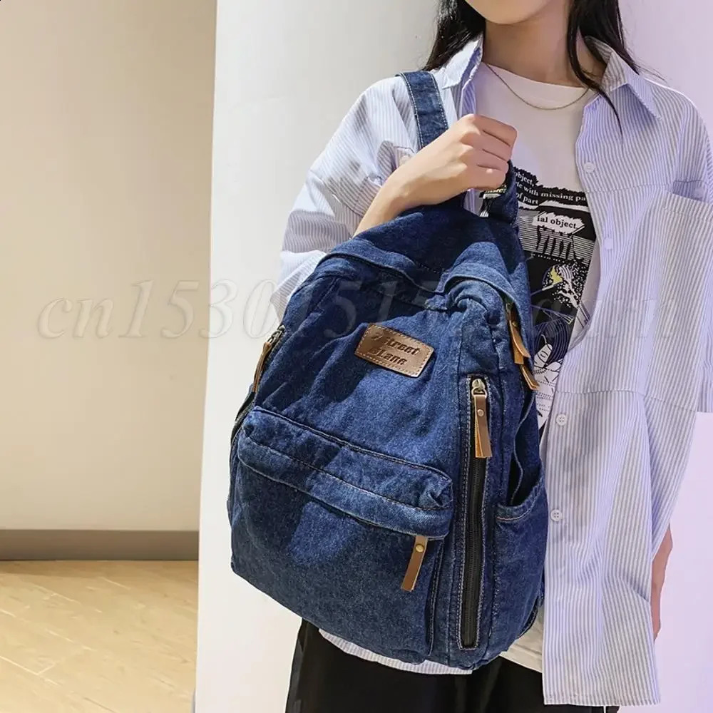 Bag Backpack For Women Retro Denim Zipper Bookbag Student Multi Pockets Fashion Backpacks Large Capacity Cowboy Solid School Bag 241230
