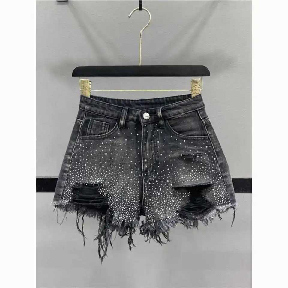 Fashion Rhine Denim Shorts for Women 2025 New High Waist Ripped Holes Shorts Jeans Fe Street Wide Leg ShortsX241230