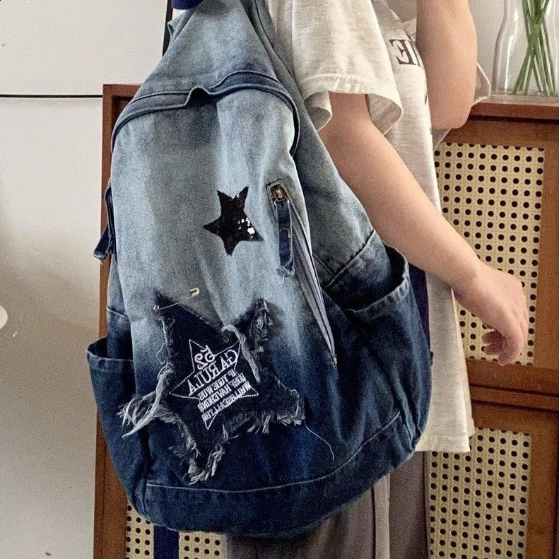American Retro Large Capacity Denim Bag Butterfly Star Large Capacity Student Schoolbag Backpack Storage Bag Kids Backpack 241230