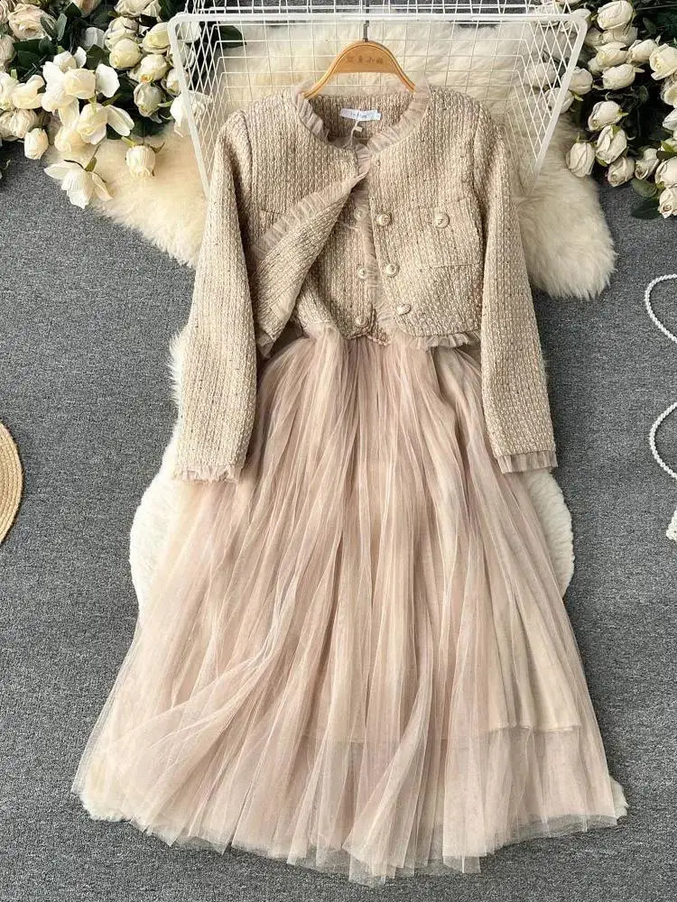 2025 Autumn Spaghetti Strap Woolen Patchwork Mesh Tulles Midi Dress Short Tweed Jacket Coat For Women 2 Pieces Set Outfits 241220