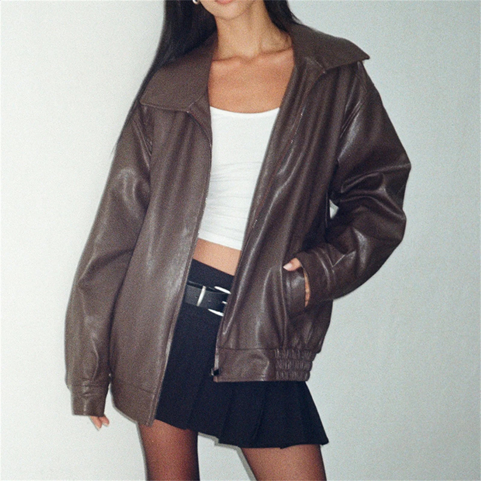 hirigin Womens Oversized Zip Up Leather Jackets Faux Motorcycle Bomber Coats 2024 Fall Fashion Outfits Winter Clothes 241223