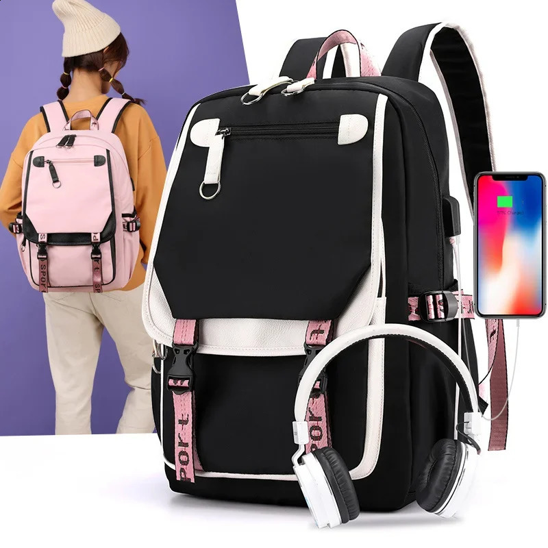 large school bags for teenage girls USB port canvas schoolbag student book bag fashion black pink teen school backpack 241230