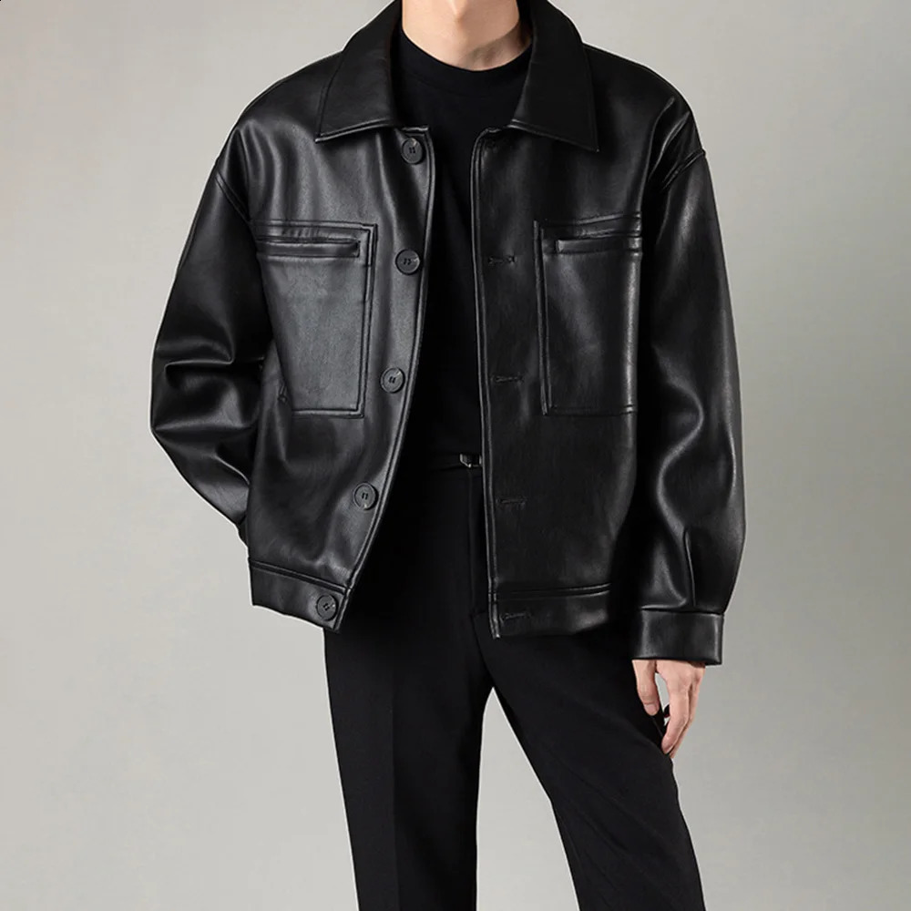 Mens Leather Jacket Motorcycle Pocket Jacket Autumn Casual Streetwear Retro Korean Version Jacket Mens Clothing Unisex 241228
