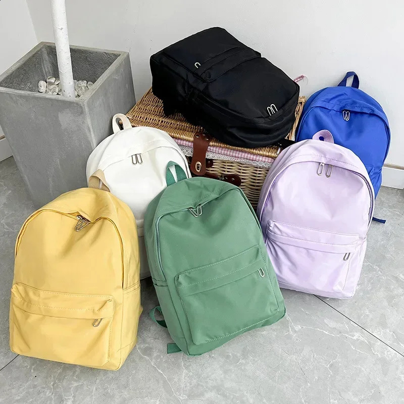 Simple Solid Color Womens Backpack Waterproof Nylon School Bags for Teenager Girls Bookbag Lady Travel Backbag Shoulder Bag 241230