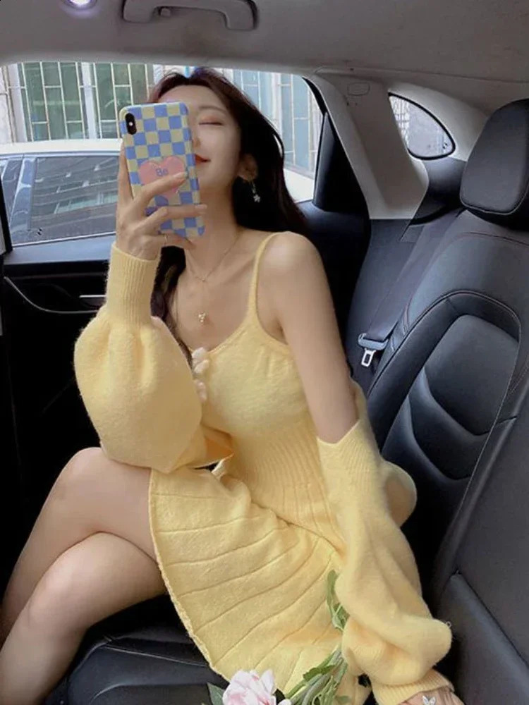 Sweet Knitted Autumn Winter Two Piece Dress Set Women Casual CoatStrap Female Korean Style Solid Slim Chic Suit 241220