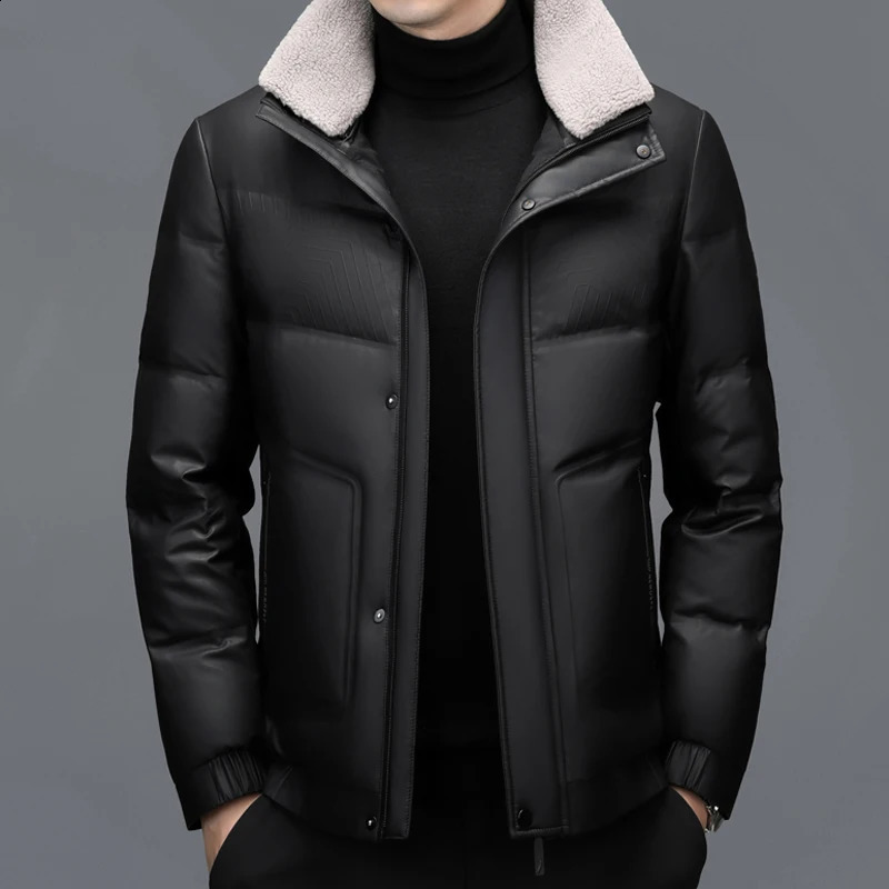 YX-6502 Mens Genuine Leather Down Jacket Winter Sheepskin Stand Up Collar Leather Jacket Casual Thick Warm Jacket Trend 250114