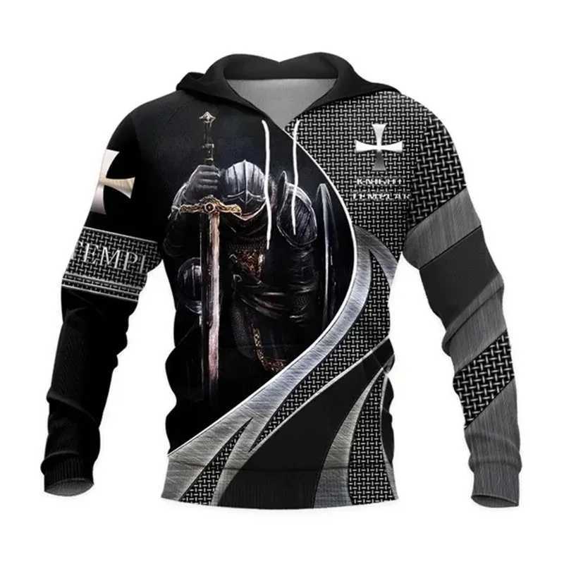 Knight Templar Hoodie Mens 3D Medieval Soldier Armor Printed Hoodie Retro Street Clothing Fashion Pocket Zipper Casual Clothing W241230