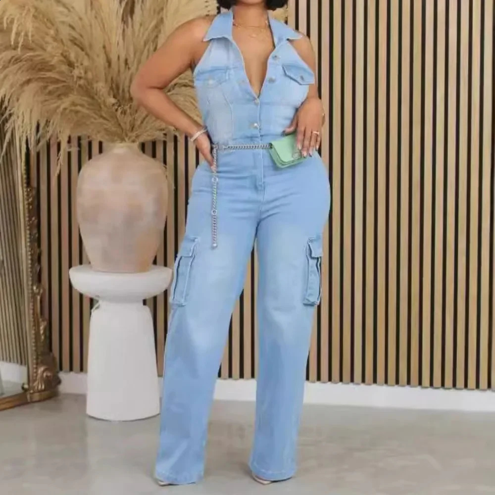 FAGADOER Blue Denim Fashion Straight Pants One Piece Jumpsuits Women Washed Jean Halter Pocket Playsuits Female Cow Overalls 241230