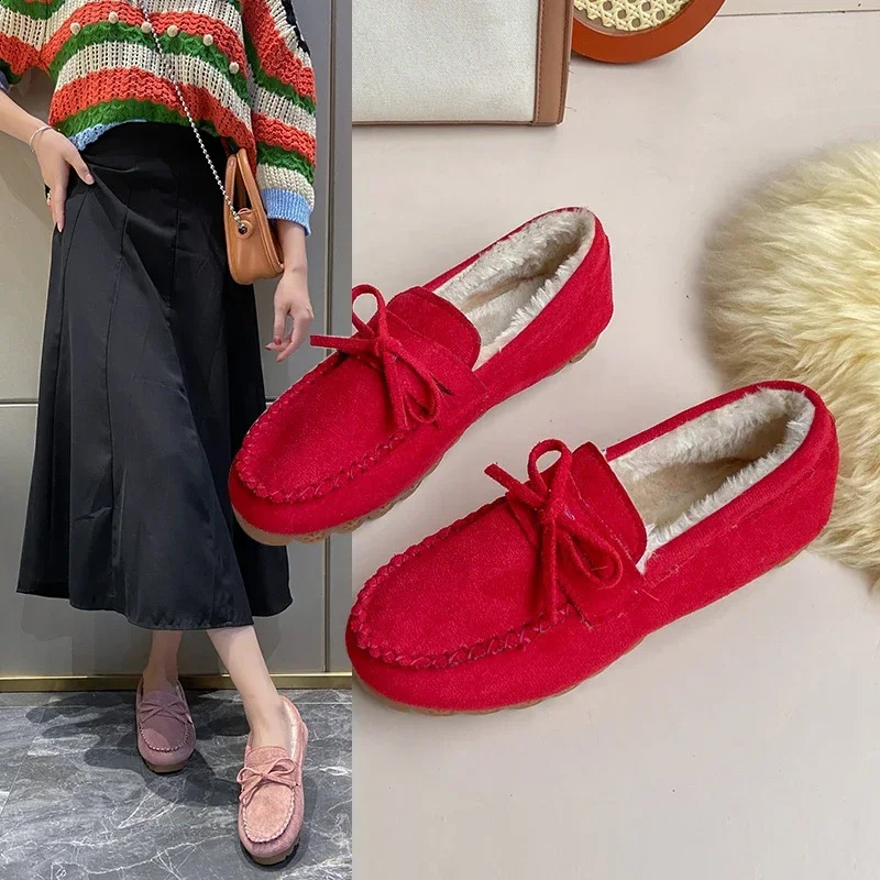 Womens Moccasins Soft Flat Fluffy Footwear Winter Female Shoes Home Warm Plush Bow Slip On 2024 Vintage Fashion Comfort 241225