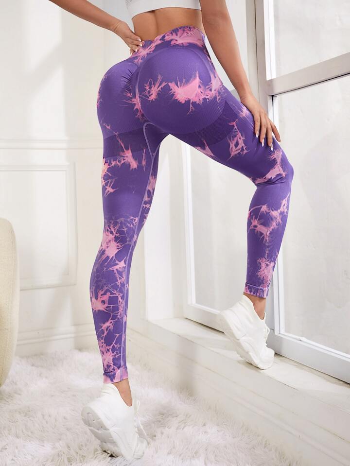 Trendy women's printed seamless double hip tie dye yoga pants long pants shorts high waisted hip lifting fitness pants tight sports pants