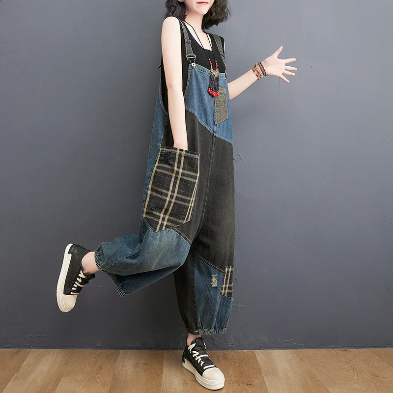 #1429 Spring Summer Denim Overalls For Women Big Pockets Loose Long Jeans Jumpsuits Sleeveless Spaghetti Strap Denim Jumpsuits 241230