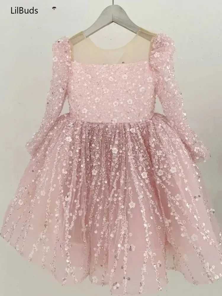 Girl's Dresses 2024 Children Birthday Evening Party Matching Princess Ball Gown Long Sleeve Formal Dresses Kids Girls Elegant Shinny SequinY24122