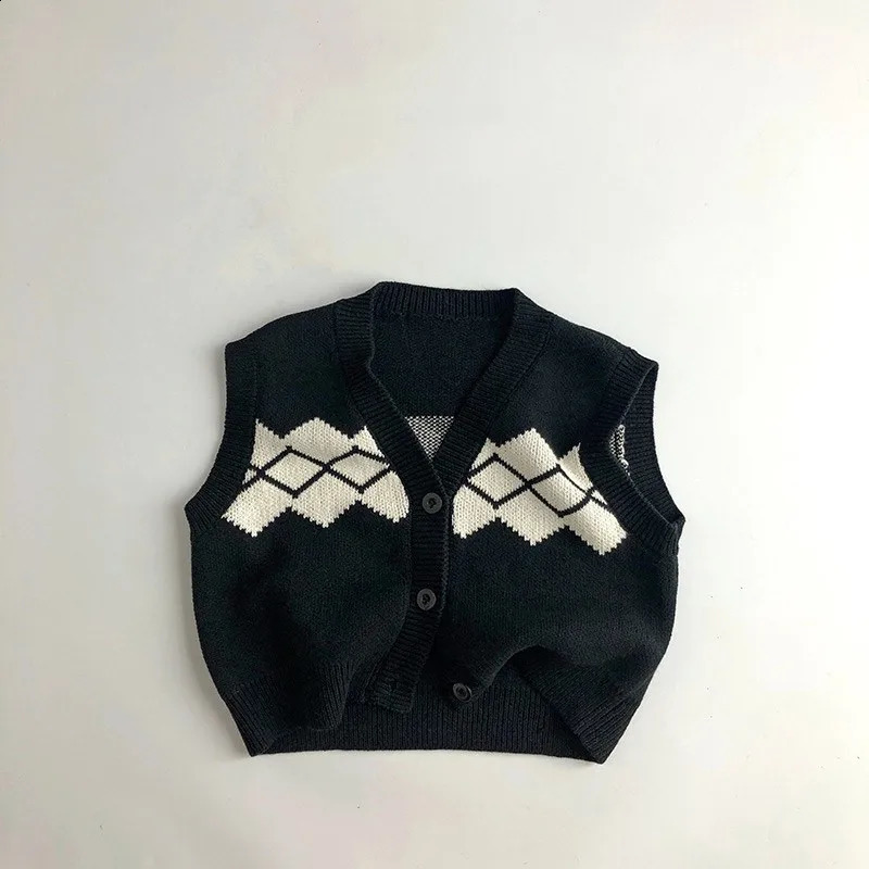 Autumn Kid Simple Casual Knitted Cardigan Vest Boy Baby Solid Knitting Pants Girl Children Knit Cotton Waistcoat Infant Knitsuit 241230