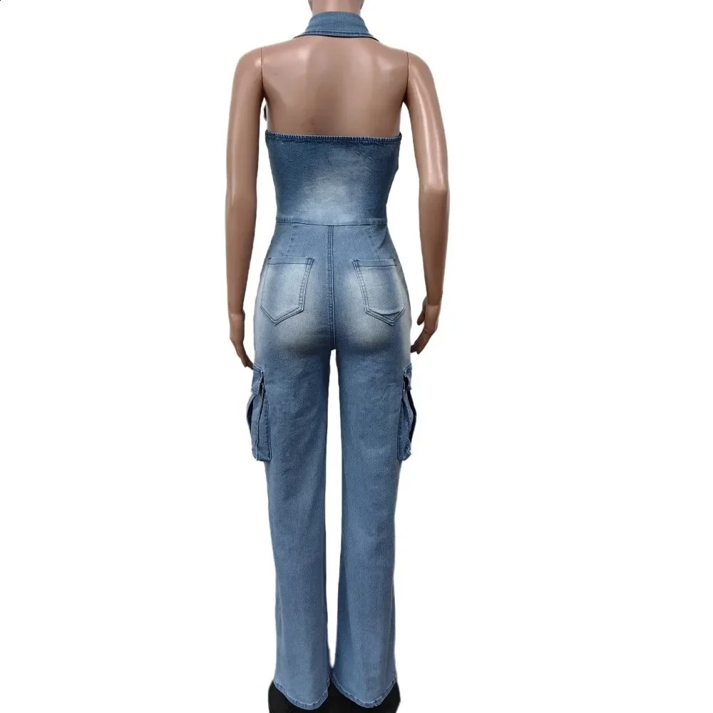 FAGADOER Blue Denim Fashion Straight Pants One Piece Jumpsuits Women Washed Jean Halter Pocket Playsuits Female Cow Overalls 241230