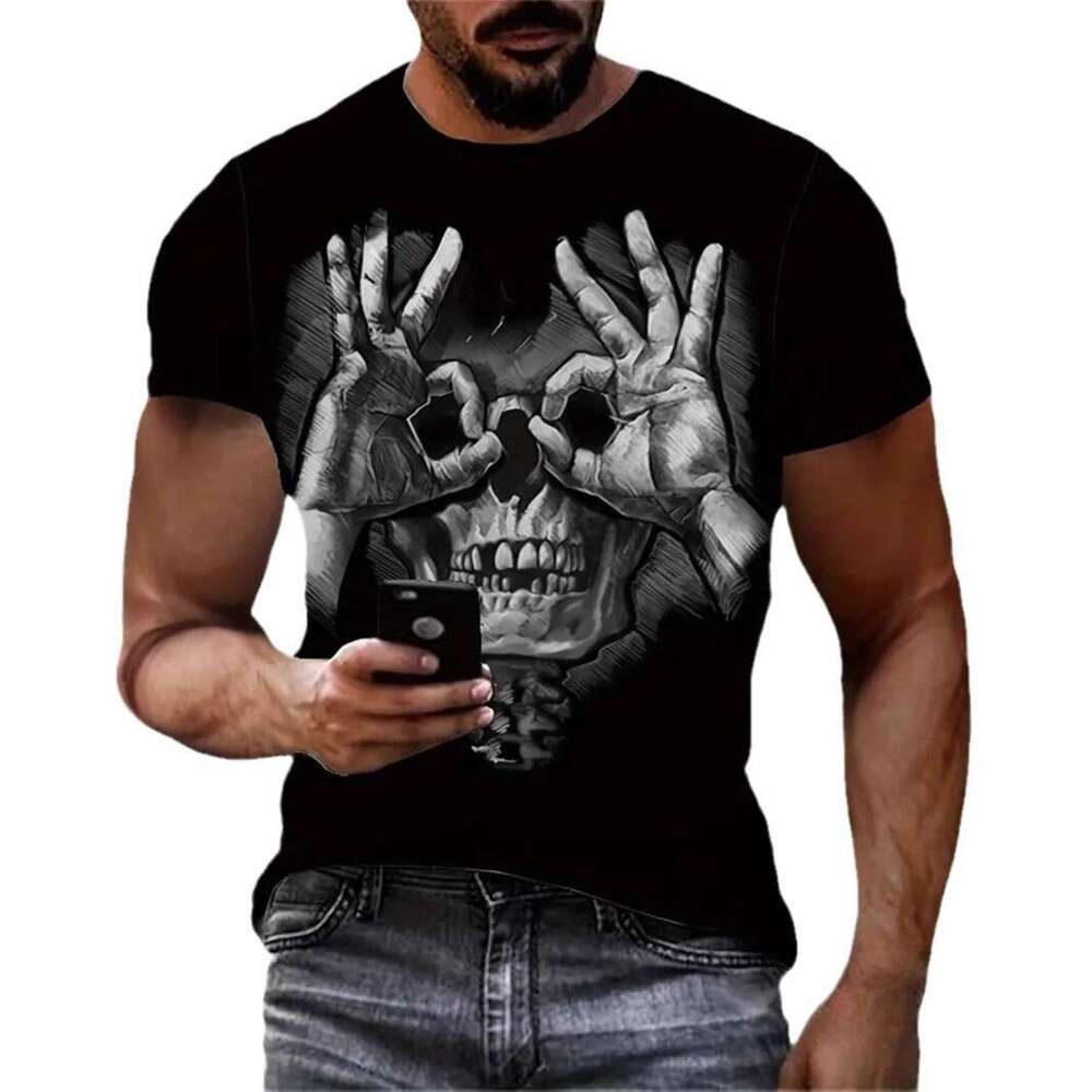 Men's High Street Loose Mesh Breathable Short Sleeve Hooded Round Neck T-shirt with Fun and Bizarre Gestures Skull 3D Printing