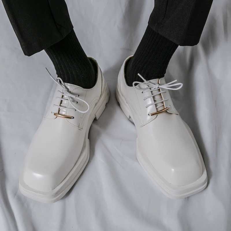 New Men Square Toe Patent Black White Leather Loafers Male Platform Dress Shoes Vintage Chunky Heel Party Shoes Men Formal ShoesXJ241230
