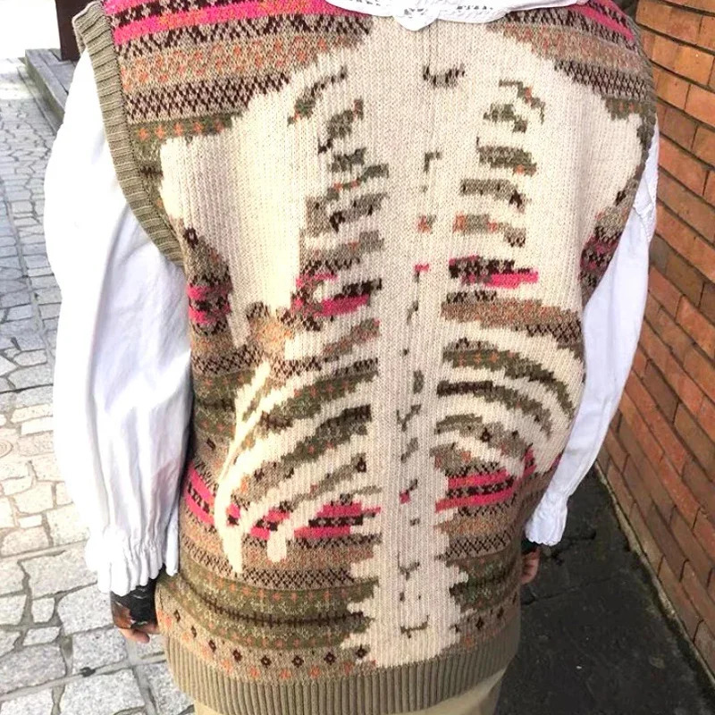 Non Kapital Vintage Skeleton Printed Round Neck Men's Ethnic Retro Pattern Knitted Pullover Loose Sweater Vest Annual Jia Brand