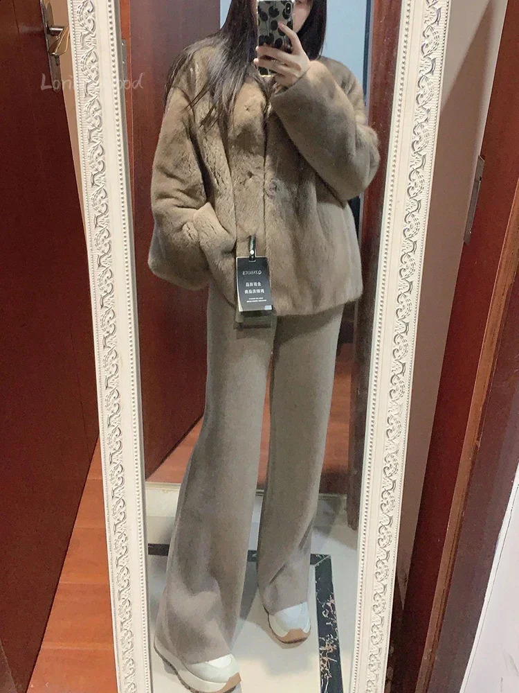 Autumn and Winter High-waisted Loose Wool Knitted Wide-leg Trousers for Women To Wear Straight Leg Wide-leg Moped Trousers 241230