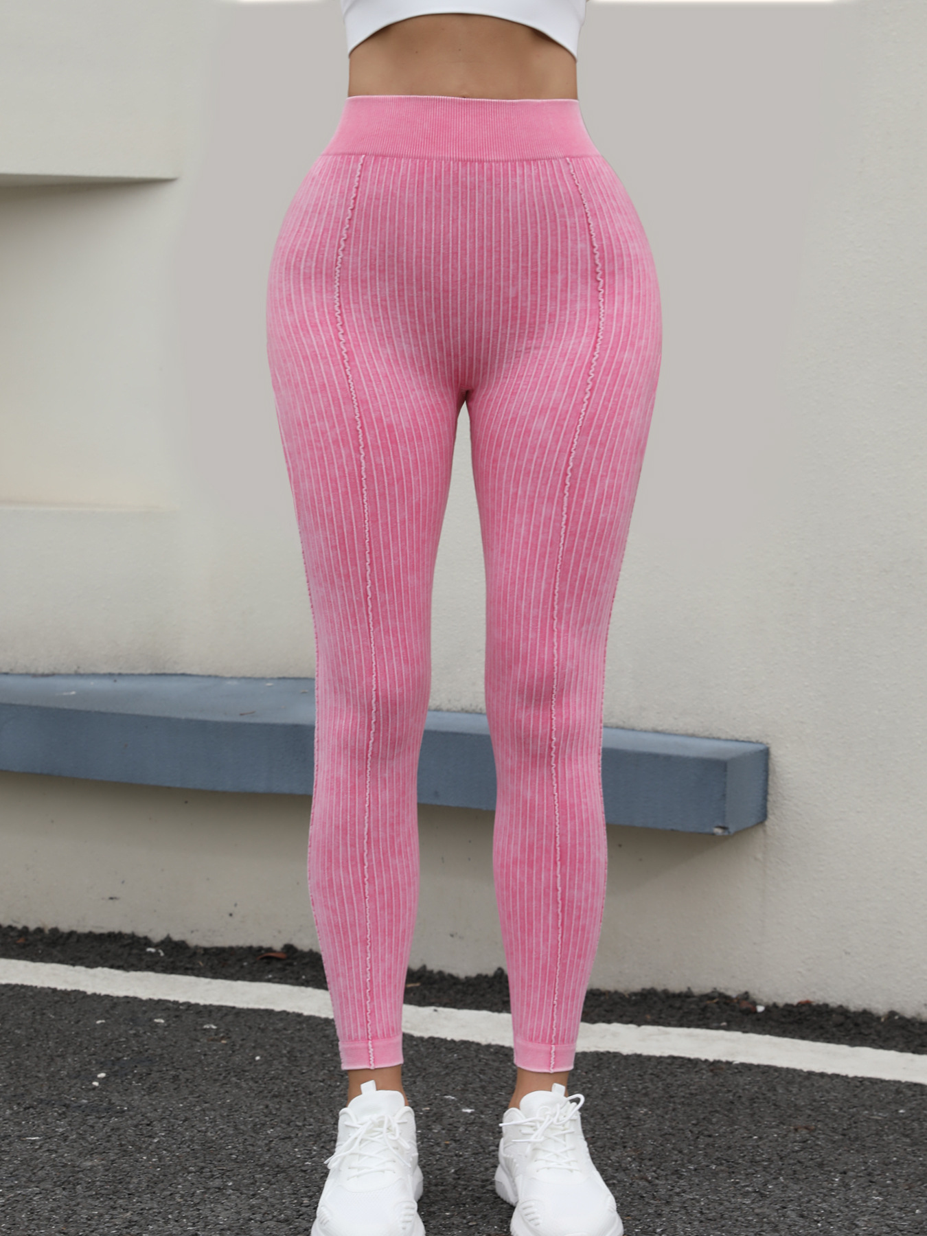 Women's V-waist sand washed peach buttocks seamless yoga pants running sports leggings+yoga vest training fitness bra shock-absorbing gathering s