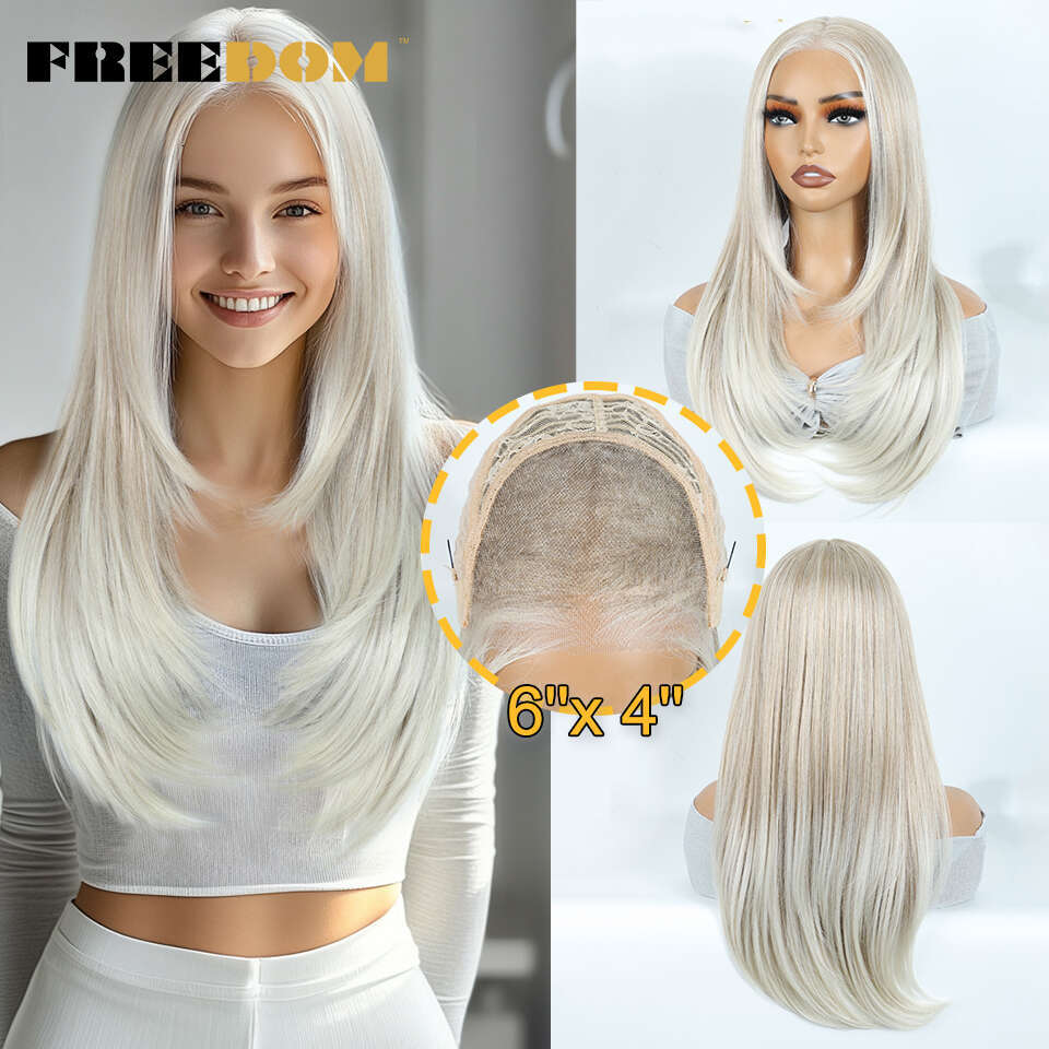 FREEDOM Synthetic Lace Front For Woman Long Layered Straight Wigs Ombre 6X4 Plucked Pre Cut Wear And Go Glueless Wig