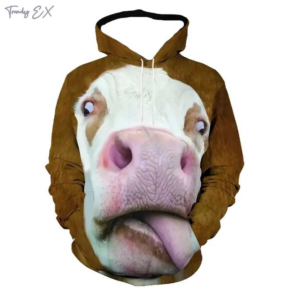 New sports shirt 3D animal cow print funny super large hooded sweatshirt fashionable sports kangaroo pocket long sleeved graphic hooded sweatshirt W24