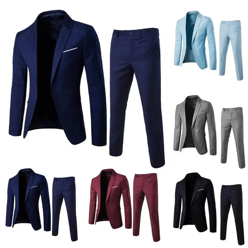 1 Set Men Blazer Pants Solid Color Long Sleeve Slim Fit Turndown Collar Temperament One Button Pockets Suit Clothes 241223