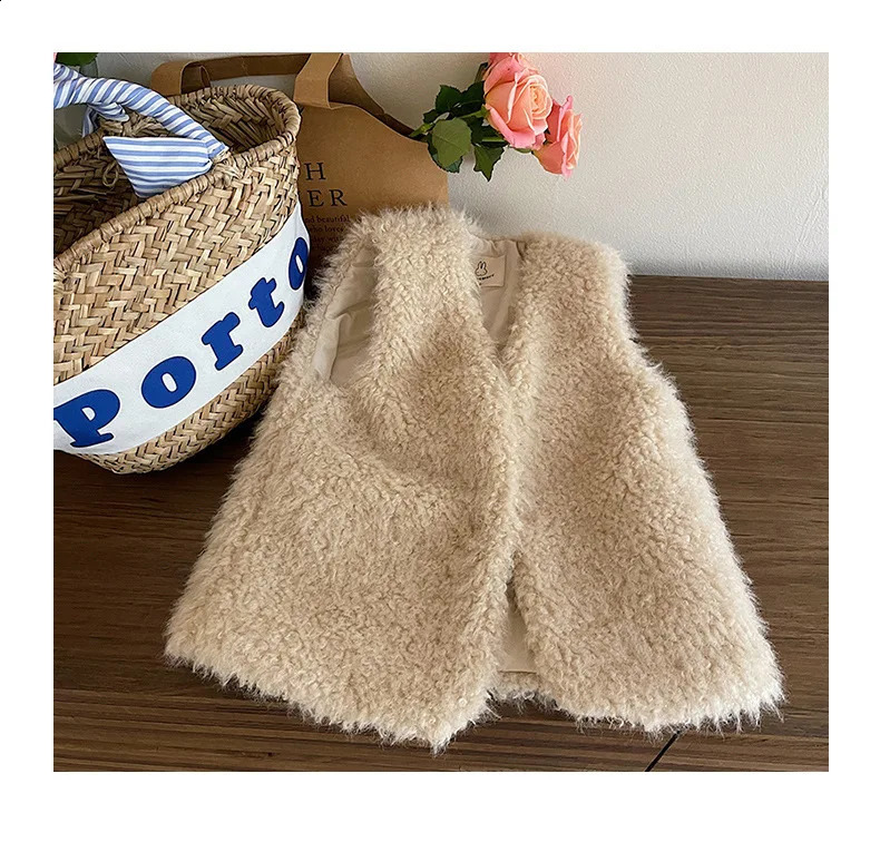 Winter fashion little princess soft warm Plush fur waistcoats Girls thick sleeveless artificial wool all-match Vests 241230