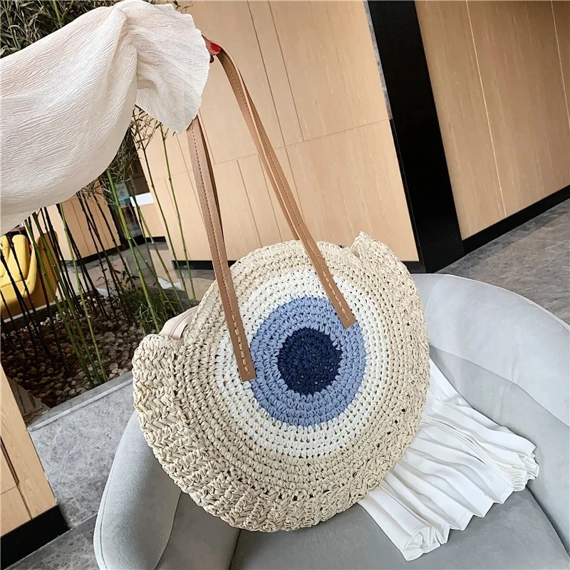 Handmade Woven Summer Beach Round Straw Bags for Women Rattan Shoulder Shopping Purse Female Bohemian Handbag 241227